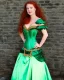 Placeholder: Busty princess with long auburn hair green eyes wearing a big dark teal green and gold satin ballgown corset off shoulder top casting magic full body, head and face