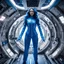 Placeholder: wide-angle photo of a very thin tall woman in an electric blue suit, with long glowing blue wavy hair, on a space station with views into space
