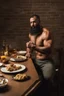 Placeholder: full figure shot photography of a burly ugly 30 year old italian boxer with big broken nose, very long muslim black beard, muscular beefy man shirtless, manly chest, big shoulders, shaved hair, bulge, sitting and eating on a table in a modern dinner room, photorealistic