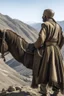 Placeholder: A general in Arab clothing standing with his back on a mountain with a horse beside him