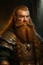 Placeholder: portrait of a stout and rugged dwarf with sturdy build, slightly tanned skin a thick ginger beard and long ginger hair, thick eyebrows, wearing chainmail armor and fur lined coat with a battle axe and warhammer on each shoulder. in oil painting