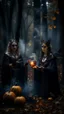 Placeholder: Halloween portrait of merciless medieval countess and her creepy sister, clawed hands, full moon, swirly mist,autumn wind, performing arcane invocation ritual of smoke demon with immense power on luminous stone altar in dark forest grove, shot on Hasselblad h6d-400c, zeiss prime lens, bokeh like f/0.8, tilt-shift lens 8k, high detail, smooth render, down-light, unreal engine, prize winning