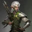 Placeholder: Please create an image for a young elven male with light brown skin, silver hair, and green eyes. He is carrying a crossbow and is accompanied by a metallic robot