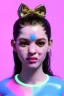 Placeholder: Ultra Realistic image, Rosalía artist, portrait, normal complexion, portrait, clean skin, two bows, little chopsticks hair , black eye long line, sweet face, t-shirt with holes, inflatable open coat, gold pink and blue style, spray line glow, big geometric led jewelry, fog, hot, inflatable style latex coat, vibrant color, highly detailed, art stations, concept art, smooth, unreal engine 5, god rays, ray tracing, RTX, lumen lighting, ultra detail, volumetric lighting, 3d, finely drawn, hd.