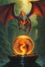 Placeholder: magic orb dripping with dragon fire. identical wings. long tail. fantasy setting. concept art, intricately detailed, color depth, dramatic, colorful background. painted by Jeff Easley