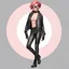 Placeholder: full body portrait -- an absolutely stacked female strawberry with pixie-cut hair, a perfect hourglass figure, perfect face, wearing a studded, black leather biker's jacket and pants with 12-inch platform boots and goggles,