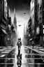 Placeholder: picture from a black and white grayscale cityscape. In the middle a color step transition 3d figure of a little girl walking in irridescent space suit on the street, contrast between her and the black and white scape space, enhancing the contrast between her and city , ultra quality, high digital illustration, cinematic, masterpiece, dystopian atmosphere, stunning