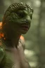 Placeholder: photoreal fourty-year-old goddess with lizard skin as powerful wizard with fire lizard eyes and lizard skin in heavy green and orange mist in a dead forest clearing at dawn by lee jeffries, octane render, 8k, high detail