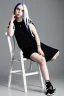 Placeholder: Billie Eilish, sitting on a chair, Black Short Dress, pale skin, high detail, realistic, 8k, not to be distinguished from a photo