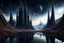 Placeholder: photo from alien dark matter buildings, with weird elongated gothic style, alien constructions, standing long weird creatures alirn landscape, silver, black, brown and dark blue surreal vision, stunning visuals, ultrarealistic dark dreamy world, surreal lighting, reflections, hyper-realistic, detailed, photorealistic, sci-fi mood