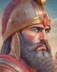 Placeholder: Mesopotamian warrior, expression serious, aura, portrait, background Mesopotamian city, comic style, long beard, helmet,