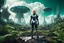 Placeholder: Wide angle photo of a sci-fi woman with blond hair, silver and black futuristic spacesuit looking android-like, standing on an derelict alien jungle planet with cloud trees in multiple green hues