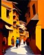 Placeholder: bustling medieval Kathmandu street, thick impasto painting, centered, minimalist, thick sparse brushstrokes, bold colors of orange, beige, yellow, red and black, sporadic tint ink leaks, perfect verticals, amazing parallel