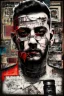 Placeholder: Ultra detailed medium portrait painting of a man, sitting on chair,in jail tattoos, rough look, skinhead ,mascara, evil look, chaos dark background,torn up collage of photo clippings, broken circuitry background, matrix effects, punk visual art, punk art aesthetic, graffiti art, pop surrealism, collage art, cluttered paint glitches