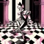 Placeholder: Storybook illustration of a Pierrot Clown, black and white with pink accents, Beardsely style, art nouveau elements, vintage drawing, pierrot vintage, black and white marble floor