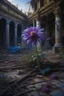 Placeholder: Oil painting of a purple flower amid withered and dead flowers in an abandoned garden in an abandoned palace in the ancient era Photorealistic