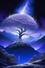 Placeholder: tree of life, mountains, lavender, luminous trunk, luxurious crown in bright lights, glitter, bright lights, neon, mysticism, dawn, starry sky, fantasy realism snowflakes, glitter, shimmering smoke,16k, surrealism, careful drawing of details, clear contour, aesthetically pleasing, threads, professional photo, realistic photo, an incredibly beautiful white landscape, dark botanical, dark fantasy, detailed