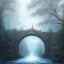 Placeholder: fantasy art, book illustration, dragon on winding stairs of a bridge to old mill ,icy water,seen through the tree tops, icy frame