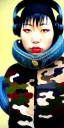 Placeholder: Young fleshy Japanese woman black hair. thick thigh, thick calves. Style: Haute Couture, 1990's, late nineties, street style.Mantle is sewed of recycled Denim and sewed together of camouflage pieces.Big headphones, with gold rings, is merged with small felt cap with small visor. A bag is integrated to the mantle. Patterns are composed of orange, cream, blue, lilac and purple. blue latex somewhere. It is with big bright purple felt tippet and cream-colored-hood. mantle is merged with tippet.