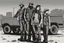 Placeholder: four persons, standing, silhouette, comic book,post-apocalypse, gray background, backpack, pickup truck,
