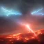 Placeholder: Heaven blue sky and hell red sky split, army's flying of angels demons, fighting, lightening, fire, weapons, city destruction, killing each other, blood