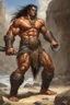 Placeholder: A giant Barbarian, Sandals, (extremely muscular), (Long_flowing_straight_Black_hair), suntanned-skinned, dark_golden_suntanned_skin, earrings, Jewelry, ((chainmail)), extreme action poses, Fighting barbarians, Prehistoric Background, oil on canvas, by Scott Alan Kendall, Amazing, finely detailed, perfect composition, extremely detailed, Original, extremely highres, realistic, best quality, ultra-detailed, Standing up, dark, cloudy skies, mist, fog, majestic mountain peaks,