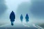 Placeholder: two people without gender seen from behind walking side by side in an empty foggy plain, above there is blue sky