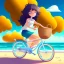 Placeholder: A girl is riding a bicycle on the beach. His cat is sitting in the front basket of the bicycle. Spring flowers can be seen everywhere. Beautiful blue sky with white clouds - kites in the sky. sense of peace. digital art, anime, 8k, full details, colorful, high resolution