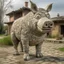 Placeholder: a statue of pig made out of money in a dusty village