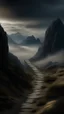 Placeholder: narrow stone path above the ground gradually getting higher into the clouds no railings, dangerous drop people in black leathers medievil period weather is wet spiraling into the clouds fantasy, a mountain with waterfall showing in the background