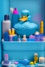 Placeholder: Glamour bath rubber duck. Sitting at manicurists cabinet. Surrounded by nail polishes, files, tools. Use light blue colors, gradient