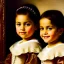 Placeholder: portrait of sisters Eira Santiago Arnau(ten year old, dark blonde) and Dalia Santiago Arnau (six year old, brunette) by Velazquez,smiling, oil on canvas, cinematic composition, extreme detail,8k,fit full head inside picture,