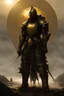 Placeholder: dark fantasy, knight praying, gold sun