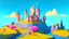 Placeholder: Single castle on a hill, Pink walls, orange towers, yellow flowers on the ground, dark blue roof and aqua blue sky and moat, very detailed and realistic