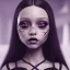 Placeholder: Jenna ortega black dress,soft goth libstick, wednesday addams family make up, long hair, brad double wig, addams family style, highly detailed, volumetric lighting, unreal engine, 8k