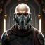 Placeholder: bald male corellian jedi wearing gunmetal grey and black old republic armored flightsuit and breath mask with gold and metallic red trim inside the jedi temple, centered head and shoulders portrait, hyperdetailed, dynamic lighting, hyperdetailed background, 8k resolution, volumetric lighting, light skin, fully symmetric details