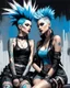 Placeholder: expressive oil painting of two women sitting next to each other, blue mohawk hair in the air, punk hairstyle, punk rock with mohawks, girl standing, punk woman, two skinny figures, two girls, female forms, drawn in a neo-noir style, blue silver and black, heavy brushstrokes, speedpaint, black and white vector art, cyberpunk comic cover art, by Ben Templesmith, by Vladimír Vašíček