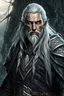 Placeholder: ancient grizzled, gnarled elf mage, he has long, grey hair streaked with black, highly detailed facial features, and sharp cheekbones. His eyes are black. He wears weathered medieval leather clothes. he is lean and tall, with pale skin, full body with thigh high leather boots and has a dark malevolent aura within swirling maelstrom of ethereal chaos in the comic book style of Bill Sienkiewicz and Jean Giraud Moebius in ink wash and watercolor