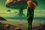 Placeholder: woman in a green catsuit, standing on a beach of an alien world, watching mushrooms with jellyfish tentacles in the sky, photorealistic, Deep Colour, Fantastical, Intricate Detail, sunshine