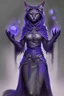 Placeholder: Beautiful D&D character portrait, humanoid female tabaxi sorceress, smooth face with no designs on face, add more fur to the face, tufts of white fur poking out of the ears, black fur on face, colorful fantasy, detailed, realistic face, digital portrait, intricate cloak black trimmed with silver and purple, background is nighttime forest scene with mist,fiverr dnd character, wlop, stanley artgerm lau, ilya kuvshinov, artstation, HD, octane render, hyperrealism