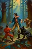 Placeholder: 1970's dark fantasy cover dnd style oil painting of seinfeld killing a wolf in the woods in sport outfits with minimalist far perspective.