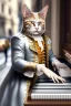 Placeholder: Mature cats dressed like "Wolfgang Amadeus Mozart", paws, playing piano, street, Vienna, friendly, sunny day, model style, hyper realistic, extremely accurate, delicate, extremely detailed, Graphic novel style, wide-angle, open aperture, superfine pencil