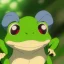 Placeholder: A cute green frog smiling, wearing a hat, dancing, jumping. Bokeh, fisheye. Bright colors