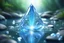Placeholder: a little cosmic lightblue magic vertical teacher crystal in the middle of a fairy stream. it has a strong vertical ray that connect it to the sky