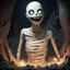 Placeholder: Mannequin rising from a freshy dug grave glowing eyes a creepy grin upon it's face mummy-like bandages coming unwrapped in pokemon art style