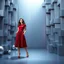 Placeholder: make a picture pretty stage made of metallic blue-gray teme 3d recursive cubic and sphere and cylinder base structures and a beautiful fashion model lady standing in scene with dark red top and pretty pleated midi skirt ,makeup curvy long hair,nice high heels,dynamic camera zoom to full body ,dynamic lights.