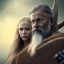 Placeholder: Viking theme, a younger woman sitting next to a 50-year-old man, portrait, 8K, close-up face, anatomically perfect face, Highly detailed stunning full frame portrait, misty and cloudy atmosphere