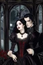 Placeholder: a vampire in a Victorian-style dress with a pale face, black long haired bites neck a beautiful young woman and sucking blood, she wears a wonderful victorian-goth lace dress. a faint melancholy smile on his face, his eyes closed. Gothic-style room in the background, semi-darkness, the light of the full moon shines through the large window onto the horror scene, high detailed, high realistic, sharp focus, masterpiece