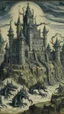 Placeholder: A gray creepy citadel with shadow monsters painted by Vincent van Gogh