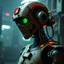 Placeholder: a robot from a dystopian future, inspired by fallout, cyberpunk aesthetic, worn with age, neon